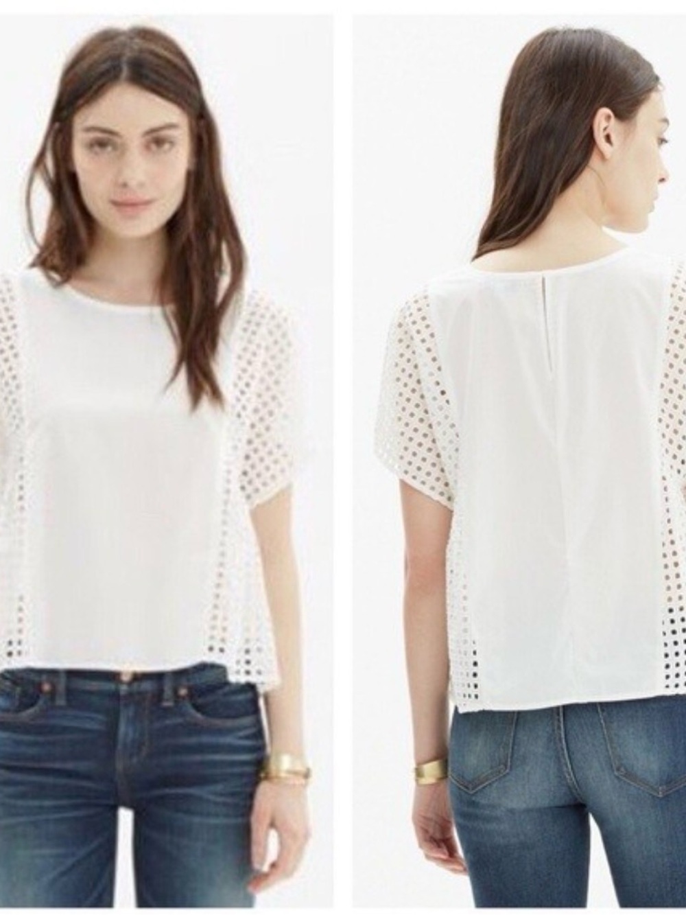 Madewell White Eyelet Side Panels Short Sleeve Top Small